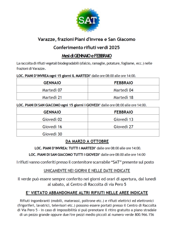 Orario ritiri Verde Piani e San Giacono gen feb 2025