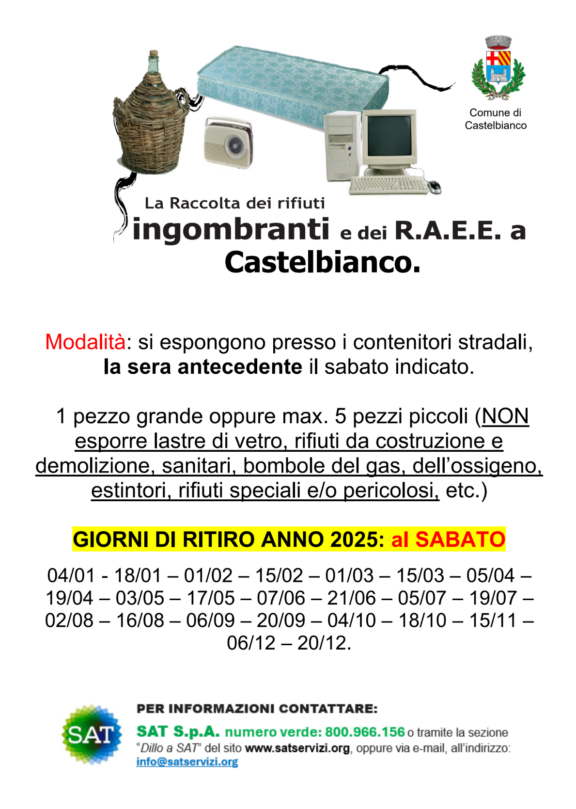 Castelbianco calendario ritiro ingombranti 2025