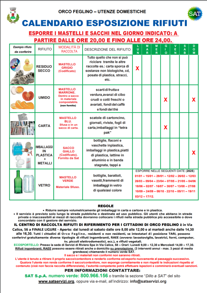 Calendario raccolta differenziata rifiuti Orco Feglino